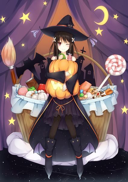 Anime picture 2507x3541 with original shiori (tsuchikure) tsuchikure (3105mitoko) single long hair tall image looking at viewer blush highres black hair smile red eyes bare shoulders one eye closed wink hug halloween witch crescent minigirl
