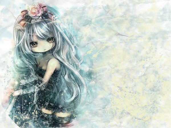 Anime picture 1280x960 with onineko single long hair simple background blonde hair bare shoulders brown eyes blue hair loli girl thighhighs dress gloves hair ornament bow black thighhighs hair bow elbow gloves hairclip rose (roses)