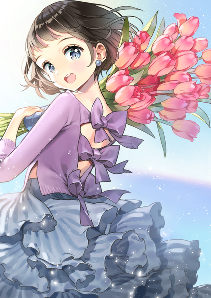 Anime picture 850x1204 with original ancotaku single tall image looking at viewer fringe short hair open mouth blue eyes brown hair holding sky long sleeves looking back wind back happy girl skirt flower (flowers)
