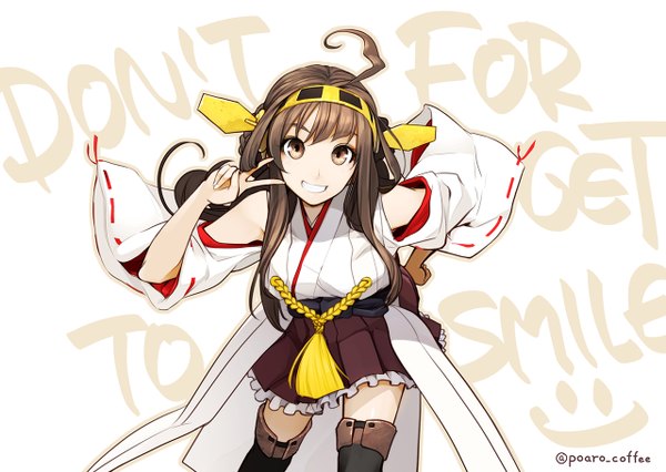 Anime picture 1280x910 with kantai collection kongou battleship poaro single long hair looking at viewer smile brown hair brown eyes signed ahoge traditional clothes japanese clothes teeth hand on hip grin victory nontraditional miko girl hairband