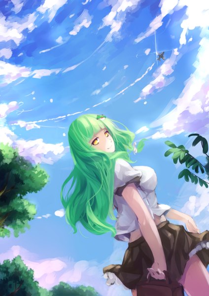 Anime picture 1754x2480 with touhou kochiya sanae kalalasan long hair tall image fringe highres breasts holding yellow eyes sky cloud (clouds) green hair light smile from below girl skirt uniform hair ornament plant (plants)
