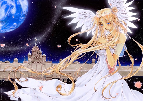 Anime picture 1600x1138 with bishoujo senshi sailor moon toei animation tsukino usagi princess serenity ryoko-san18 (artist) single long hair blue eyes blonde hair twintails bare shoulders signed sky wind night night sky reflection crossed arms angel wings crescent