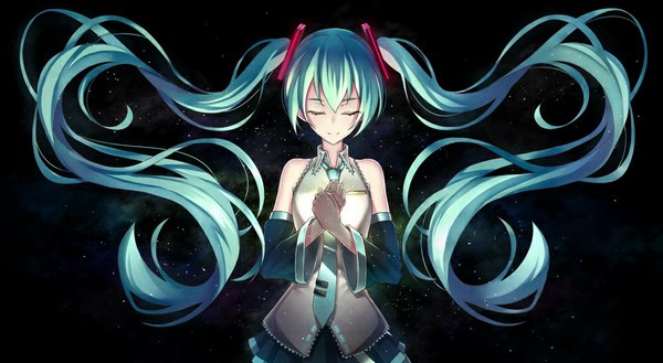 Anime picture 1000x549 with vocaloid hatsune miku fame peera single wide image eyes closed very long hair aqua hair space girl skirt detached sleeves miniskirt necktie star (stars) vest