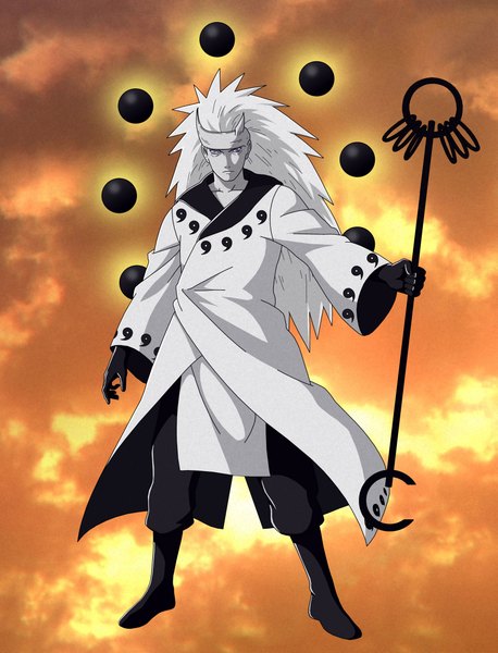 Anime picture 3446x4515 with naruto studio pierrot naruto (series) uchiha madara anvmadara single long hair tall image looking at viewer highres holding absurdres white hair lips wide sleeves serious rinnegan god boy staff