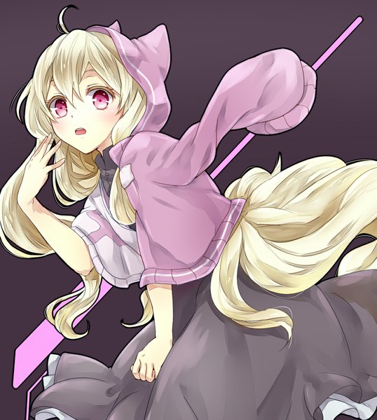 Anime picture 1050x1171 with kagerou project shaft (studio) mary (kagerou project) tomozero single long hair tall image looking at viewer blush fringe open mouth simple background blonde hair animal ears pink eyes cat ears open clothes open jacket leaning leaning forward
