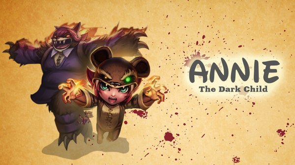 Anime picture 1920x1080 with league of legends annie (league of legends) tibbers (league of legends) flowerinhell highres short hair open mouth simple background wide image green eyes red hair inscription teeth fang (fangs) girl fire claws