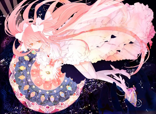 Anime picture 1500x1098 with mahou shoujo madoka magica shaft (studio) kaname madoka goddess madoka hanada hyou single looking at viewer blush twintails pink hair very long hair light smile orange eyes high heels hand on chest magical girl weightlessness abstract girl thighhighs