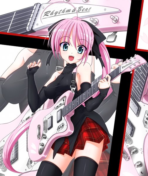 Anime picture 1024x1220 with original single long hair tall image open mouth blue eyes bare shoulders pink hair girl thighhighs skirt black thighhighs detached sleeves miniskirt guitar