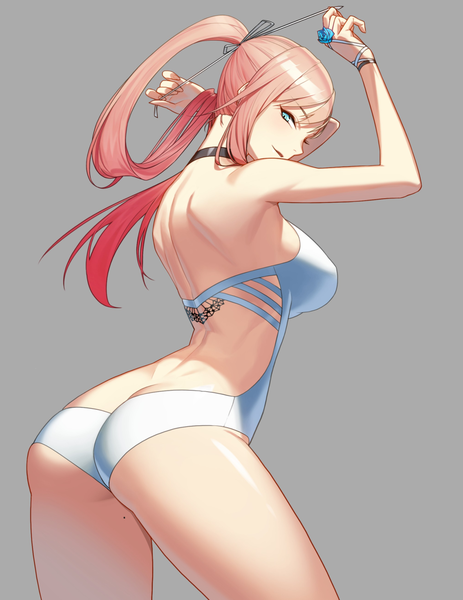 Anime picture 940x1217 with closers harpy (closers) haje single long hair tall image looking at viewer fringe breasts light erotic simple background hair between eyes large breasts standing bare shoulders payot pink hair ass ponytail red hair