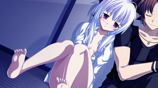 Anime picture 1280x720 with fortissimo//akkord:bsusvier (game) ooba kagerou long hair light erotic red eyes wide image game cg white hair barefoot legs couple girl boy