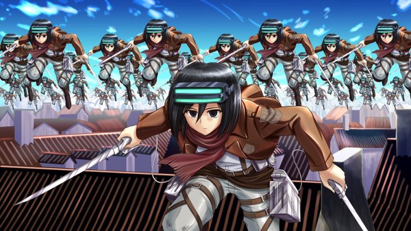 Anime picture 1280x720 with shingeki no kyojin to aru kagaku no railgun to aru majutsu no index j.c. staff production i.g mikasa ackerman looking at viewer short hair black hair wide image multiple girls holding sky cloud (clouds) black eyes open clothes open jacket 6+ girls dual wielding parody