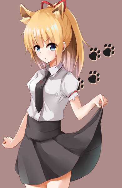 Anime picture 1042x1600 with original kurokin single tall image looking at viewer blush blue eyes simple background animal ears ponytail skirt lift footprints girl skirt ribbon (ribbons) hair ribbon shirt necktie