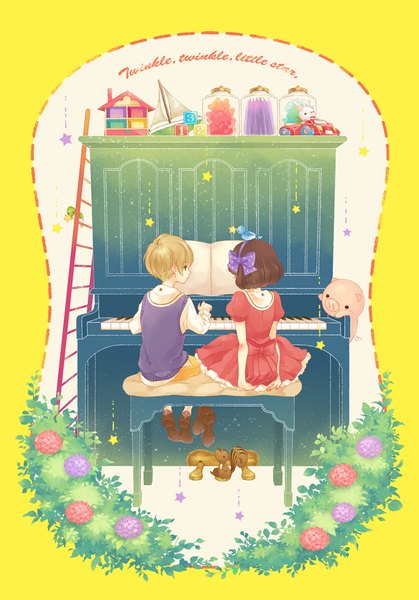 Anime picture 700x1002 with original gemini (kokoma) tall image short hair blonde hair brown hair sitting nail polish profile from behind inscription yellow background girl dress boy flower (flowers) bow hair bow toy red dress