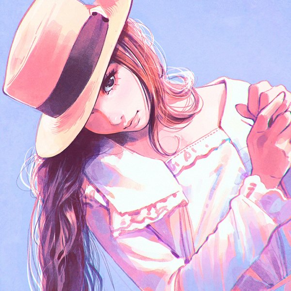 Anime picture 900x900 with original ilya kuvshinov single long hair looking at viewer simple background brown hair head tilt lips black eyes covering purple background covering eye (eyes) hat over eyes girl hat hat ribbon