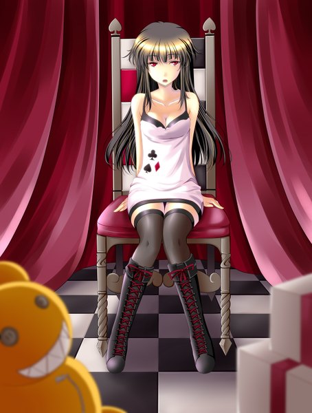 Anime picture 1136x1500 with original hikaru 310 long hair tall image open mouth black hair red eyes sitting bare shoulders girl thighhighs black thighhighs knee boots chair