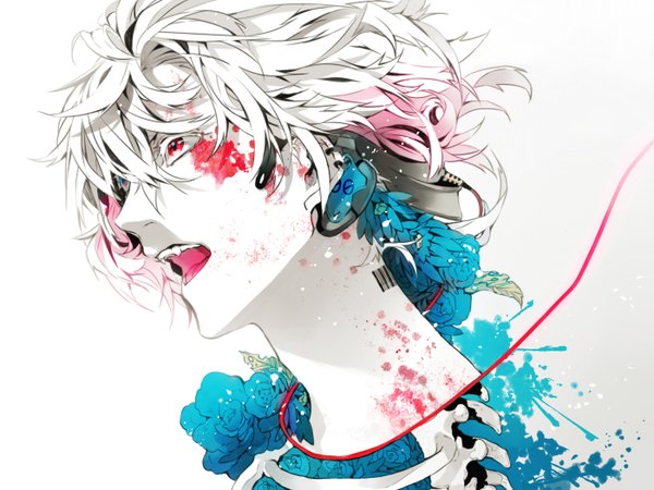 Anime picture 1400x1050 with original fasna single short hair open mouth simple background red eyes white background looking away white hair teeth fang (fangs) skeleton boy flower (flowers) earrings rose (roses) blood wire (wires) splashes