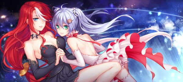 Anime picture 1700x763 with original kangetsu (fhalei) long hair looking at viewer blue eyes wide image twintails bare shoulders multiple girls green eyes silver hair red hair multicolored hair two-tone hair streaked hair back girl thighhighs dress 2 girls