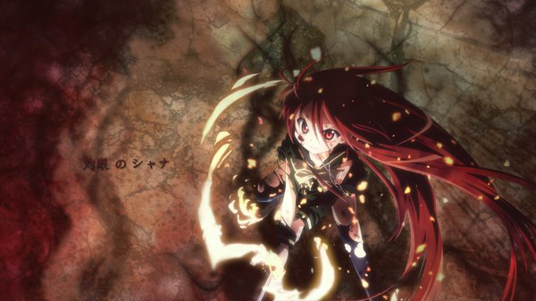 Anime picture 1920x1080 with shakugan no shana j.c. staff shana itou noiji single long hair looking at viewer highres red eyes wide image red hair very long hair inscription official art torn clothes light ruins girl weapon sword
