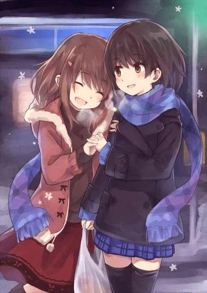 Anime picture 848x1200 with original kyuri long hair tall image blush open mouth black hair smile brown hair standing multiple girls brown eyes outdoors eyes closed pleated skirt night open clothes open jacket holding hands snowing