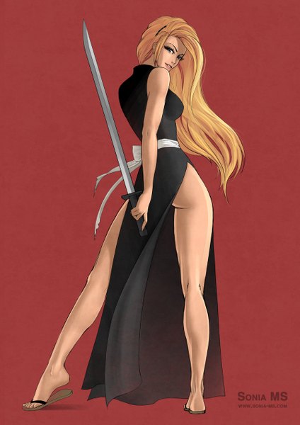 Anime picture 900x1273 with bleach original studio pierrot msonia single long hair tall image looking at viewer blue eyes light erotic simple background blonde hair bare shoulders looking back bare legs sleeveless no panties side slit red background girl