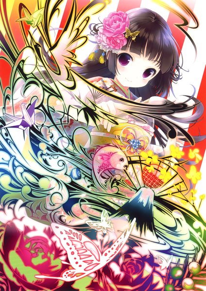 Anime picture 3252x4601 with original eshi 100-nin ten kisaragi mizu single long hair tall image looking at viewer highres black hair purple eyes absurdres hair flower girl hair ornament flower (flowers) insect butterfly fish (fishes) butterfly hair ornament
