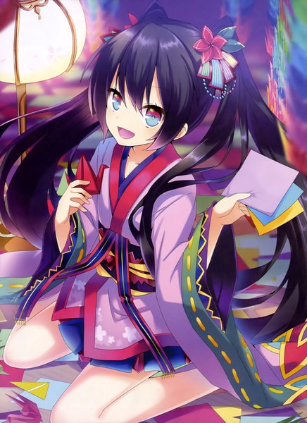 Anime picture 2883x3963 with original nyori single tall image looking at viewer blush fringe highres open mouth smile sitting purple eyes twintails holding blue hair very long hair traditional clothes head tilt japanese clothes night