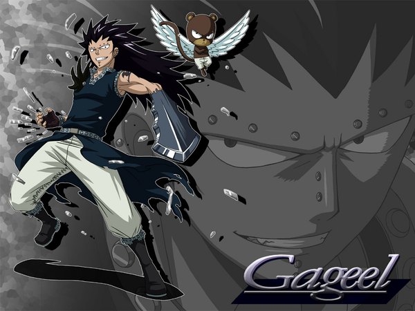 Anime picture 1024x768 with fairy tail gajeel redfox panther lily long hair black hair smile black eyes inscription tattoo piercing magic zoom layer boy animal wings cat debris