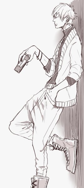 Anime picture 534x1184 with dramatical murder nitro+chiral noiz (dmmd) kuwa ayase single tall image short hair looking away bent knee (knees) nail polish profile piercing monochrome lacing hand in pocket casual boy boots ring cardigan
