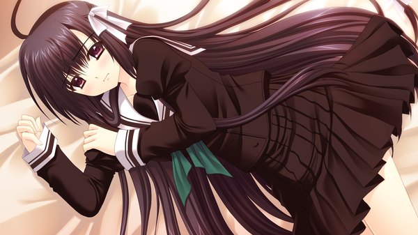 Anime picture 1280x720 with world wide love! (game) hananomiya ako nishimata aoi long hair black hair red eyes wide image game cg ahoge girl uniform school uniform serafuku