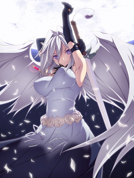 Anime picture 1000x1333 with yumekui merry engi threepiece single long hair tall image light erotic purple eyes silver hair girl dress gloves weapon sword wings elbow gloves pendant moon