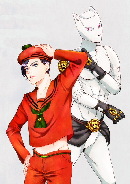 Anime picture 843x1191 with jojo no kimyou na bouken jojolion killer queen kira yoshikage (jojolion) yuuki (mkmbrn) tall image short hair blue eyes simple background looking away purple hair parted lips grey background bare belly hand on hip groin hand on head sailor collar stand (jojo) boy