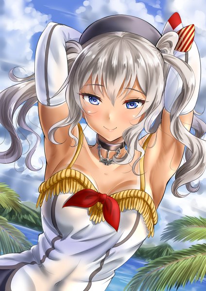 Anime picture 700x990 with kantai collection kashima training cruiser kasugano tobari single long hair tall image looking at viewer blue eyes smile twintails sky silver hair cloud (clouds) armpit (armpits) girl dress gloves elbow gloves anchor