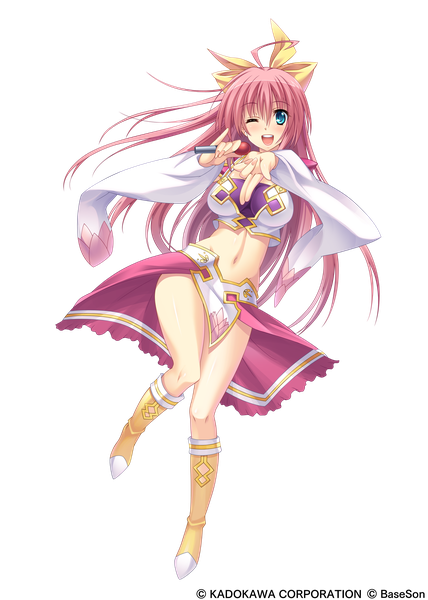 Anime picture 2921x4092 with koihime musou doga kobo choukaku shinozuka atsuto single long hair tall image blush highres blue eyes light erotic pink hair full body one eye closed wink transparent background girl dress navel bow