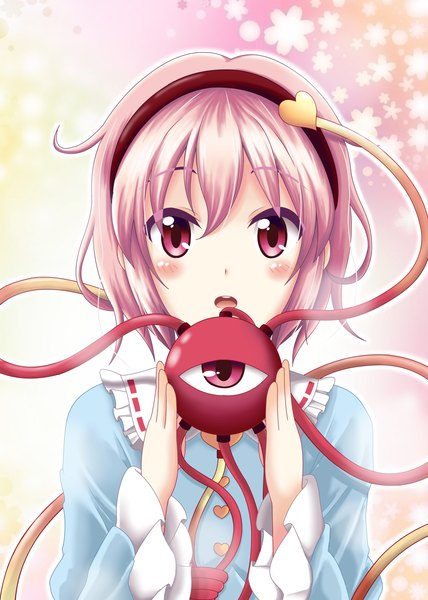 Anime picture 1000x1400 with touhou komeiji satori reimei (r758120518) single tall image looking at viewer blush fringe short hair open mouth red eyes pink hair teeth surprised girl shirt frills heart hairband eyeball