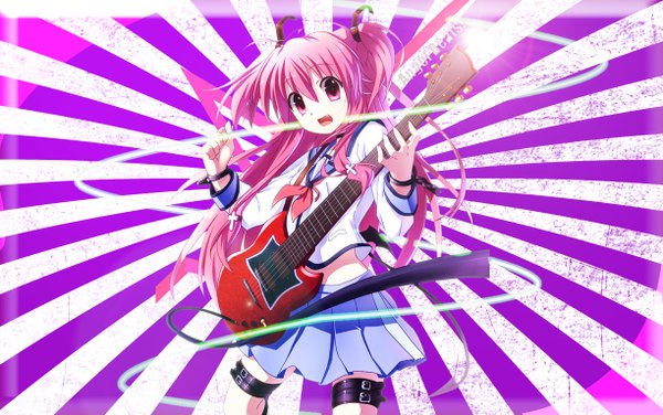 Anime picture 1224x768 with angel beats! key (studio) yui (angel beats!) single long hair open mouth pink hair braid (braids) pink eyes two side up twin braids striped striped background girl uniform school uniform guitar shackles