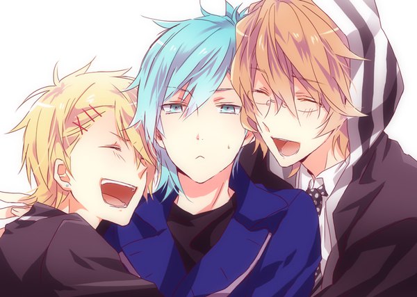 Anime picture 800x570 with uta no prince-sama a-1 pictures kurusu shou shinomiya natsuki mikaze ai sagari24 fringe short hair open mouth simple background blonde hair hair between eyes white background eyes closed aqua eyes aqua hair multiple boys hug face to face laughing