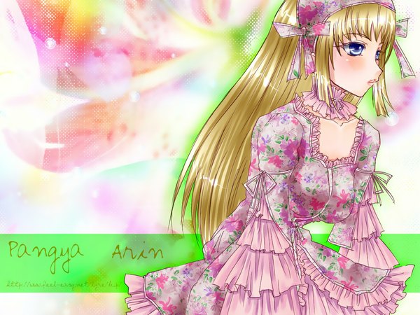 Anime picture 1024x768 with pangya arin long hair blush blue eyes blonde hair pink background lolita fashion sweet lolita dress flower (flowers) ribbon (ribbons)