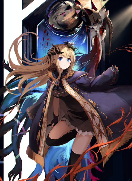 Anime picture 900x1233 with original eruthika single long hair tall image looking at viewer blue eyes blonde hair holding long sleeves wide sleeves floating hair sleeves past wrists leg lift (legs lift) girl thighhighs gloves hair ornament black thighhighs black gloves