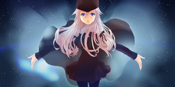 Anime picture 2000x1000 with vocaloid ia (vocaloid) single long hair highres open mouth blue eyes wide image pink hair braid (braids) long sleeves alternate costume twin braids snowing winter backlighting girl dress hat pantyhose