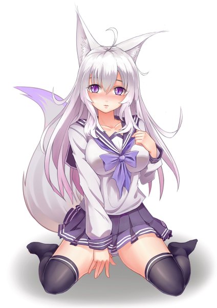 Anime picture 882x1248 with original xiaoyin li single long hair tall image looking at viewer blush light erotic white background purple eyes animal ears ahoge white hair tail animal tail fox ears fox tail fox girl girl thighhighs