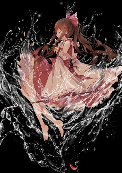 Anime picture 600x851 with touhou hakurei reimu mada (shizhou) single long hair tall image simple background brown hair twintails bare shoulders holding bent knee (knees) eyes closed long sleeves traditional clothes japanese clothes profile barefoot wide sleeves bare legs