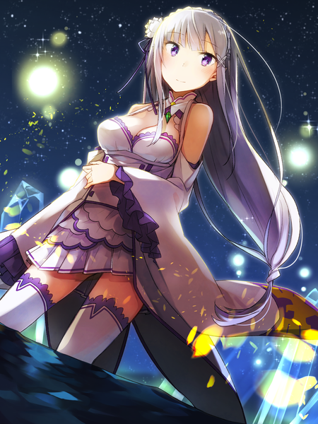 Anime picture 1500x2000 with re:zero kara hajimeru isekai seikatsu white fox emilia (re:zero) kaetzchen mikoto kei single long hair tall image looking at viewer blush fringe breasts blue eyes smile standing sitting purple eyes bare shoulders payot cleavage