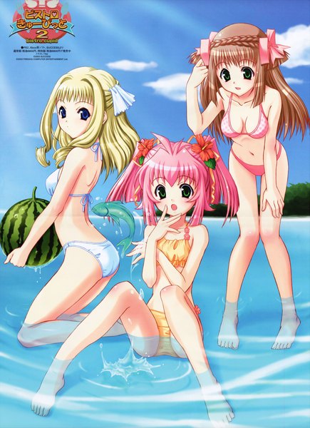 Anime picture 3465x4776 with bistro cupid 2 tall image highres light erotic multiple girls scan crease girl swimsuit bikini food 3 girls white bikini berry (berries) watermelon