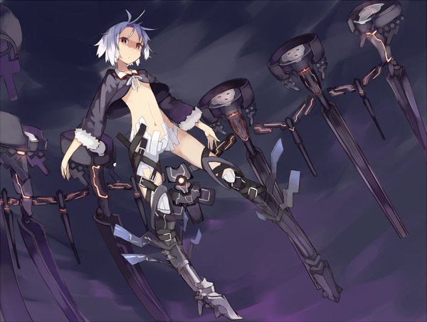 Anime picture 1214x916 with original mazonano (artist) single looking at viewer short hair light erotic red eyes sky purple hair flying girl navel weapon armor thigh boots