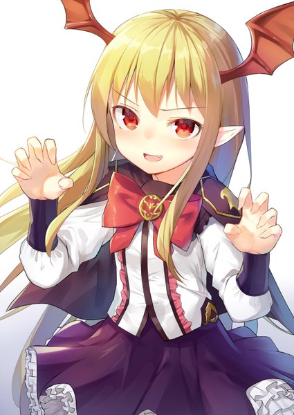 Anime picture 1062x1500 with granblue fantasy vampy alexmaster single long hair tall image looking at viewer blush fringe open mouth simple background blonde hair smile red eyes white background long sleeves arm up pointy ears fang (fangs) gradient background