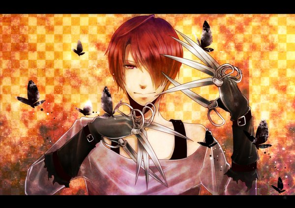 Anime picture 1600x1131 with nico nico singer nico nico douga pointfive(.5) scissorhands (vocaloid) mi-chan (pointfive) sakuratuki21 single fringe short hair red hair pink eyes light smile hair over one eye checkered background boy gloves insect butterfly scissors