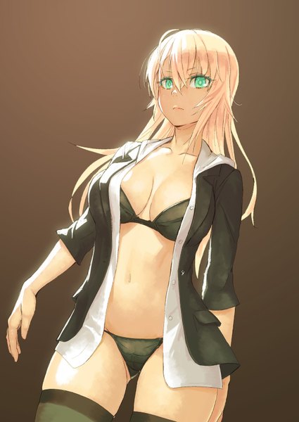 Anime picture 1063x1500 with original yuuji (and) single long hair tall image looking at viewer fringe light erotic simple background blonde hair standing green eyes open clothes from below open shirt dark skin brown background girl thighhighs navel