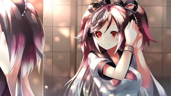 Anime picture 1280x720 with vocaloid bacterial contamination (vocaloid) calcium c.c.r single long hair blush fringe breasts smile hair between eyes red eyes wide image twintails red hair multicolored hair arm up grey hair short sleeves reflection