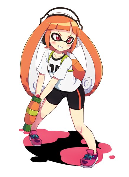 Anime picture 838x1147 with splatoon nintendo inkling tproject09 single long hair tall image blush fringe simple background smile red eyes white background twintails looking away orange hair tentacle hair girl weapon shorts