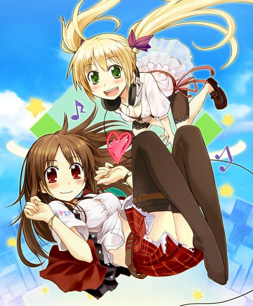 Anime picture 960x1159 with original mega peer orda long hair tall image looking at viewer blush open mouth blonde hair red eyes brown hair twintails multiple girls green eyes no shoes plaid skirt midair girl thighhighs skirt